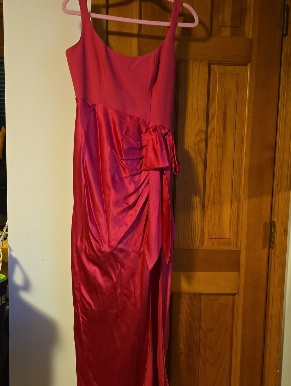 cinq a sept Hot Pink Satin Maxi Dress with Side Bow